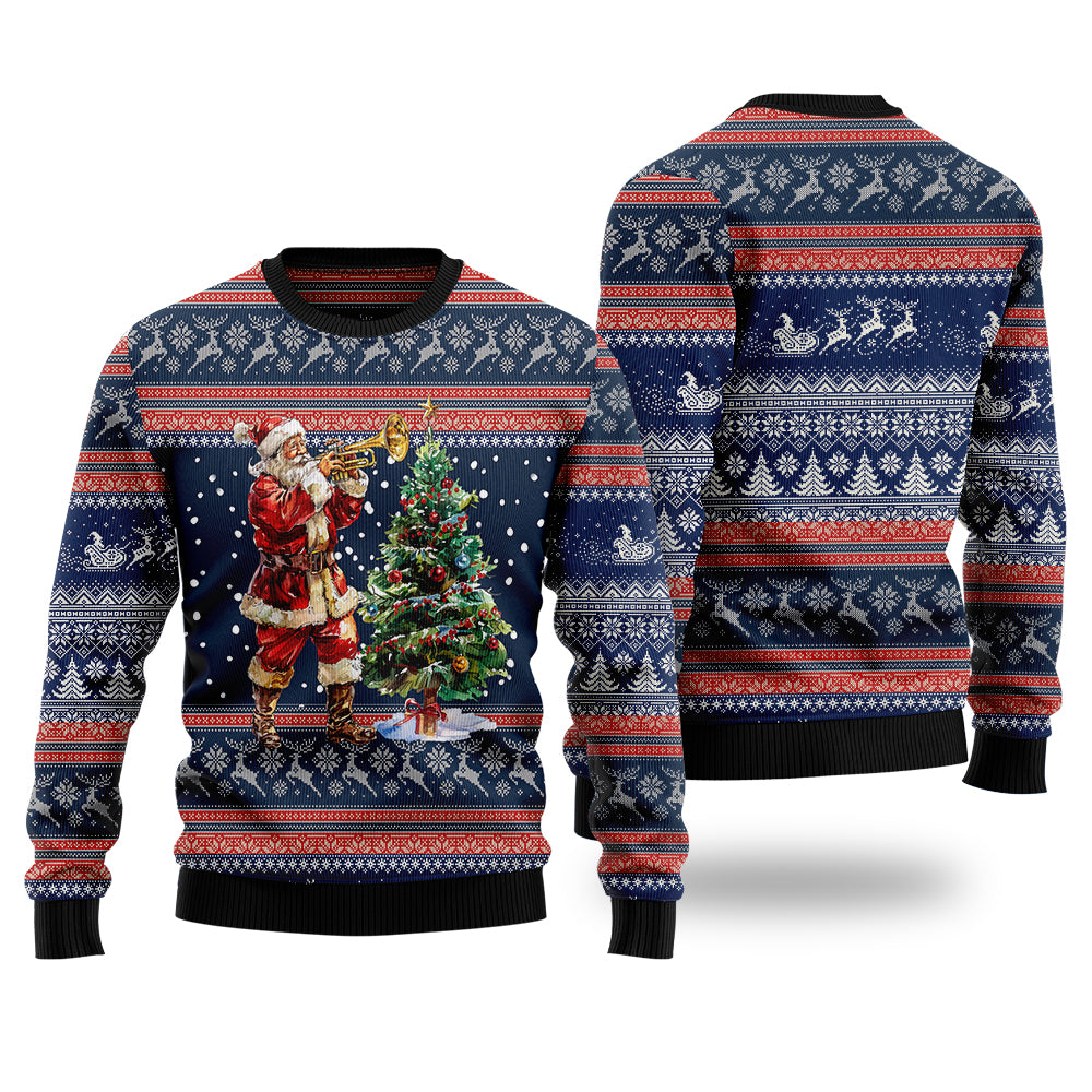 Santa Playing Trumpet Ugly Christmas Sweater
