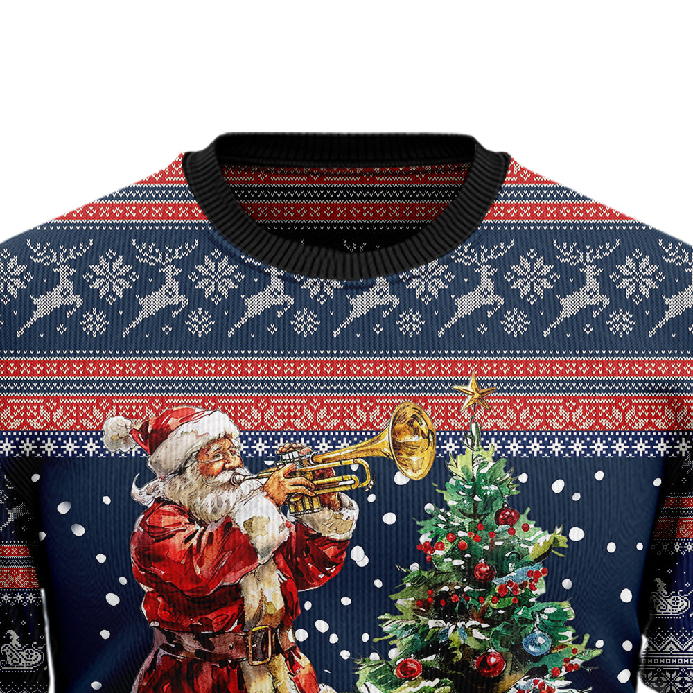Santa Playing Trumpet Ugly Christmas Sweater