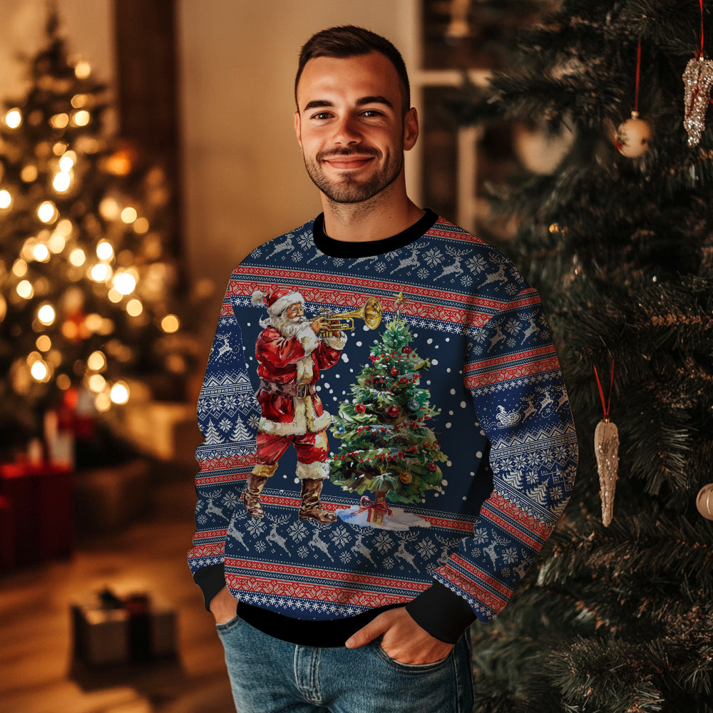 Santa Playing Trumpet Ugly Christmas Sweater