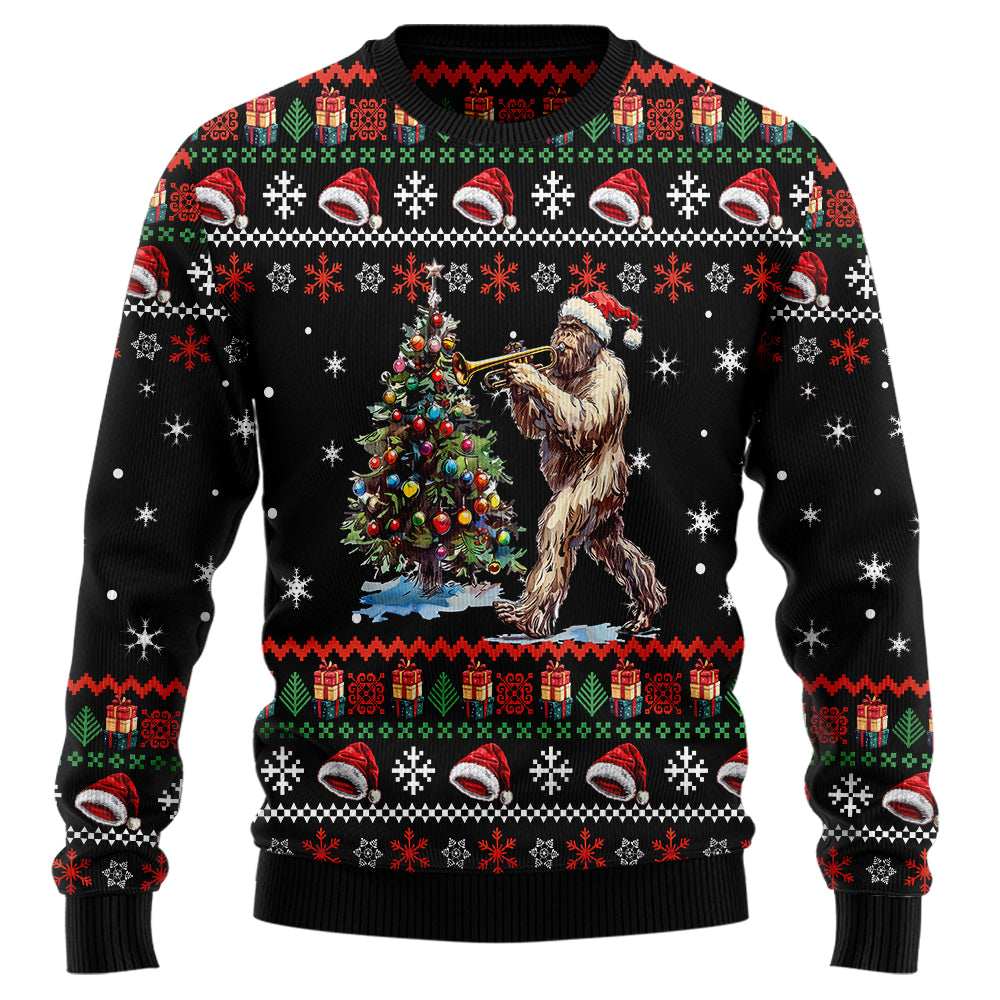 Bigfoot Playing Trumpet Ugly Christmas Sweater
