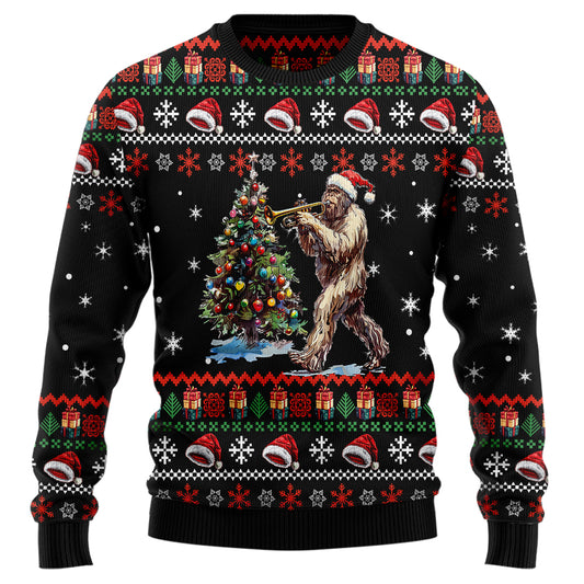 Bigfoot Playing Trumpet Ugly Christmas Sweater