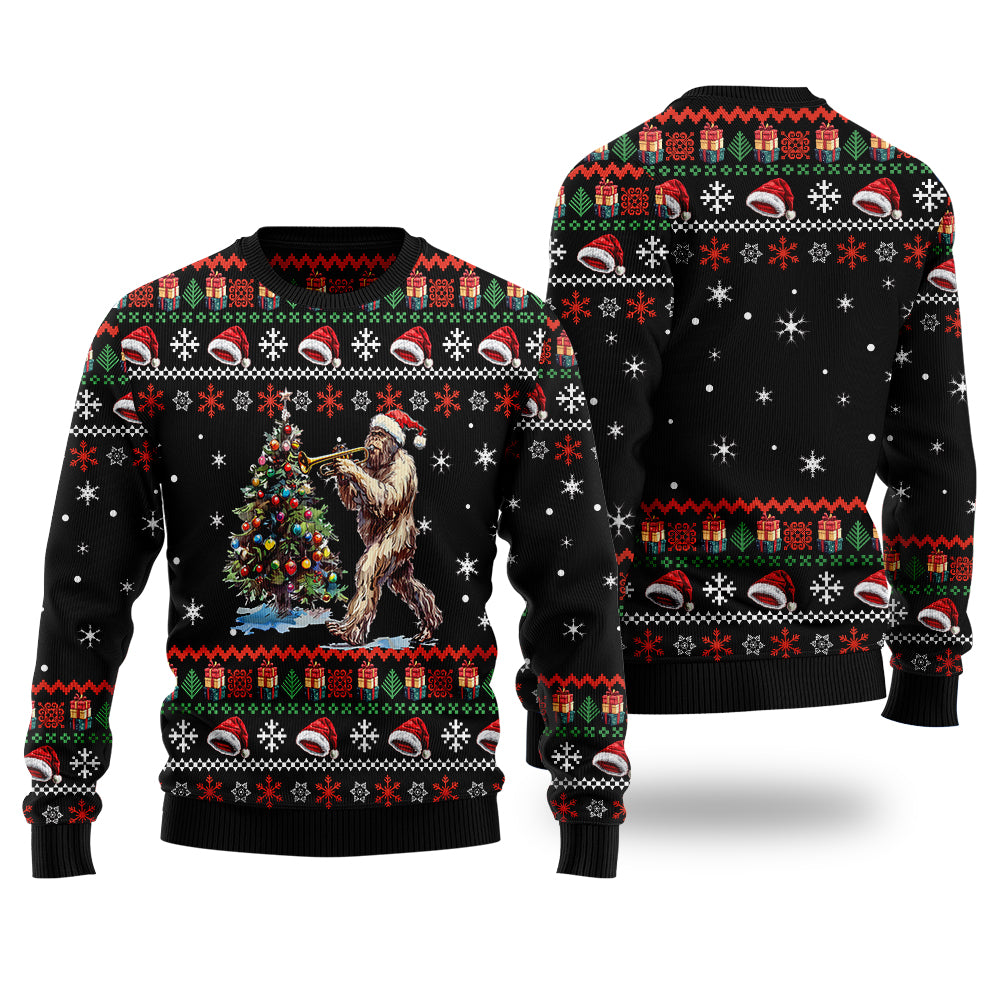 Bigfoot Playing Trumpet Ugly Christmas Sweater