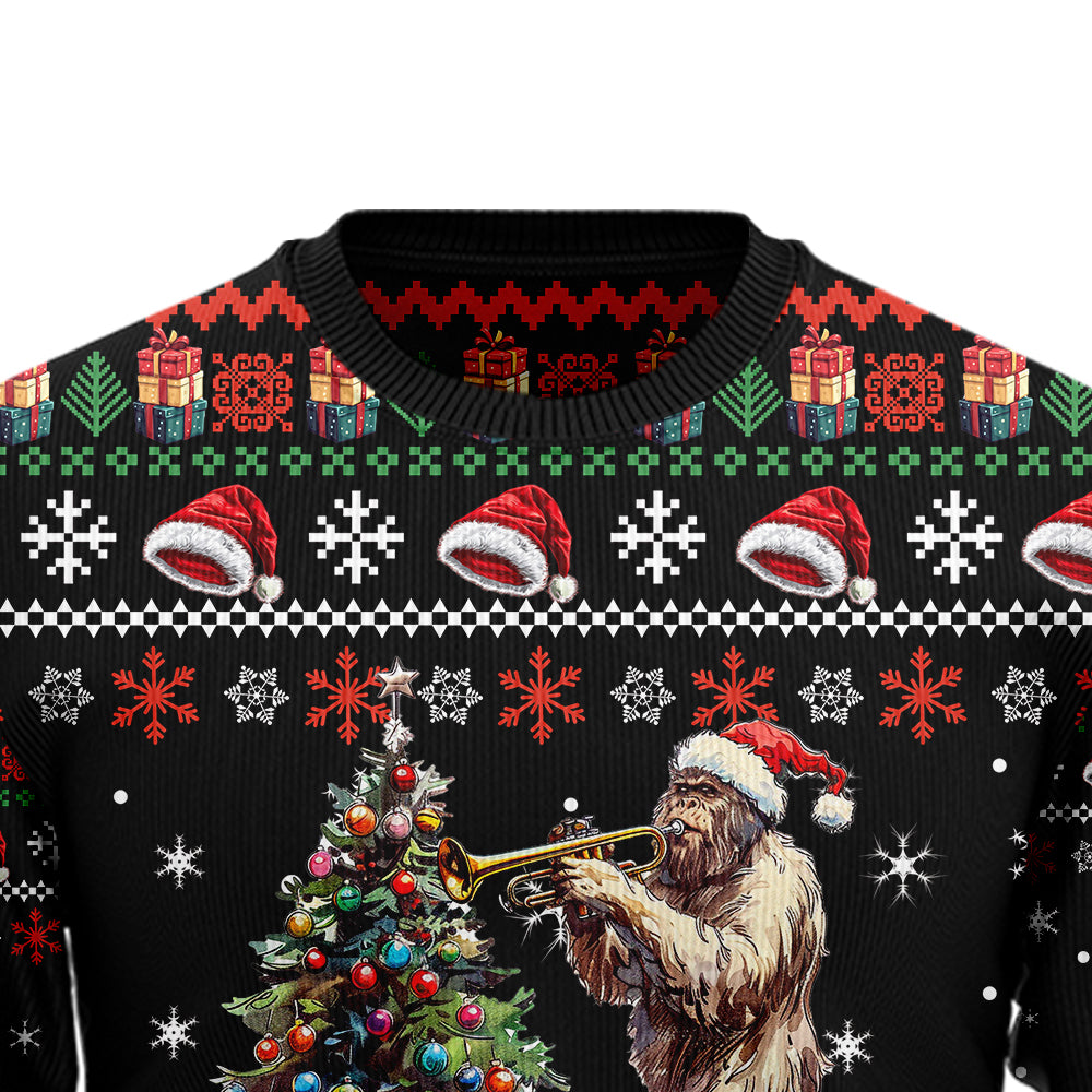Bigfoot Playing Trumpet Ugly Christmas Sweater