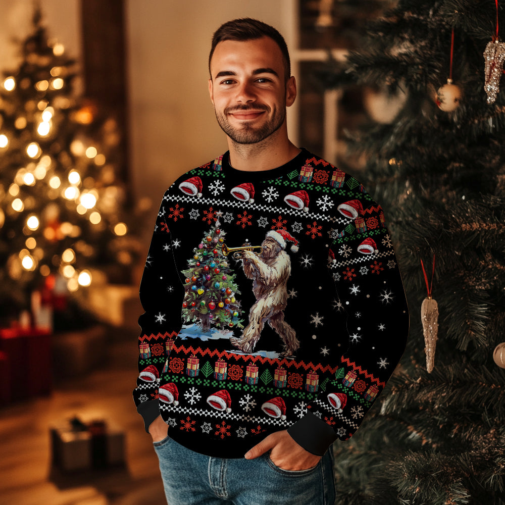 Bigfoot Playing Trumpet Ugly Christmas Sweater