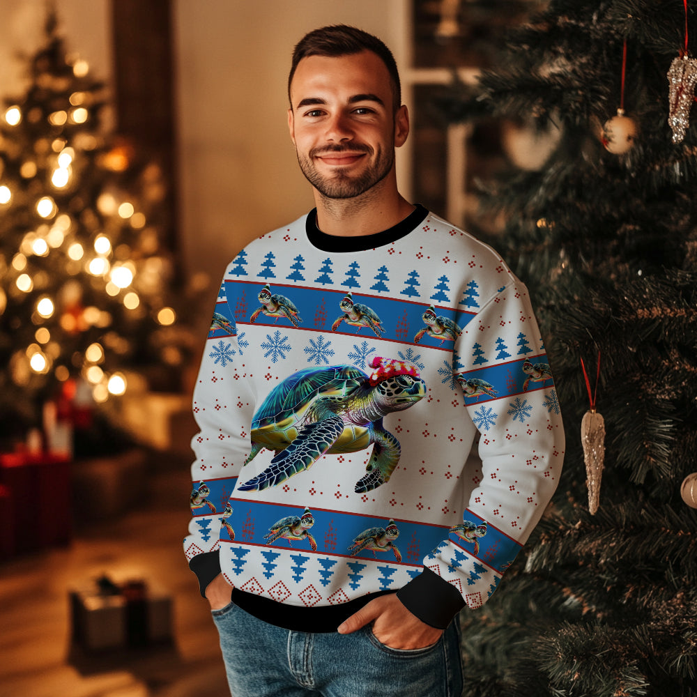 Sea Turtle Ugly Christmas Sweater, Funny Marine Animal Holiday Sweatshirt, Cute Xmas Party Pullover for Men & Women