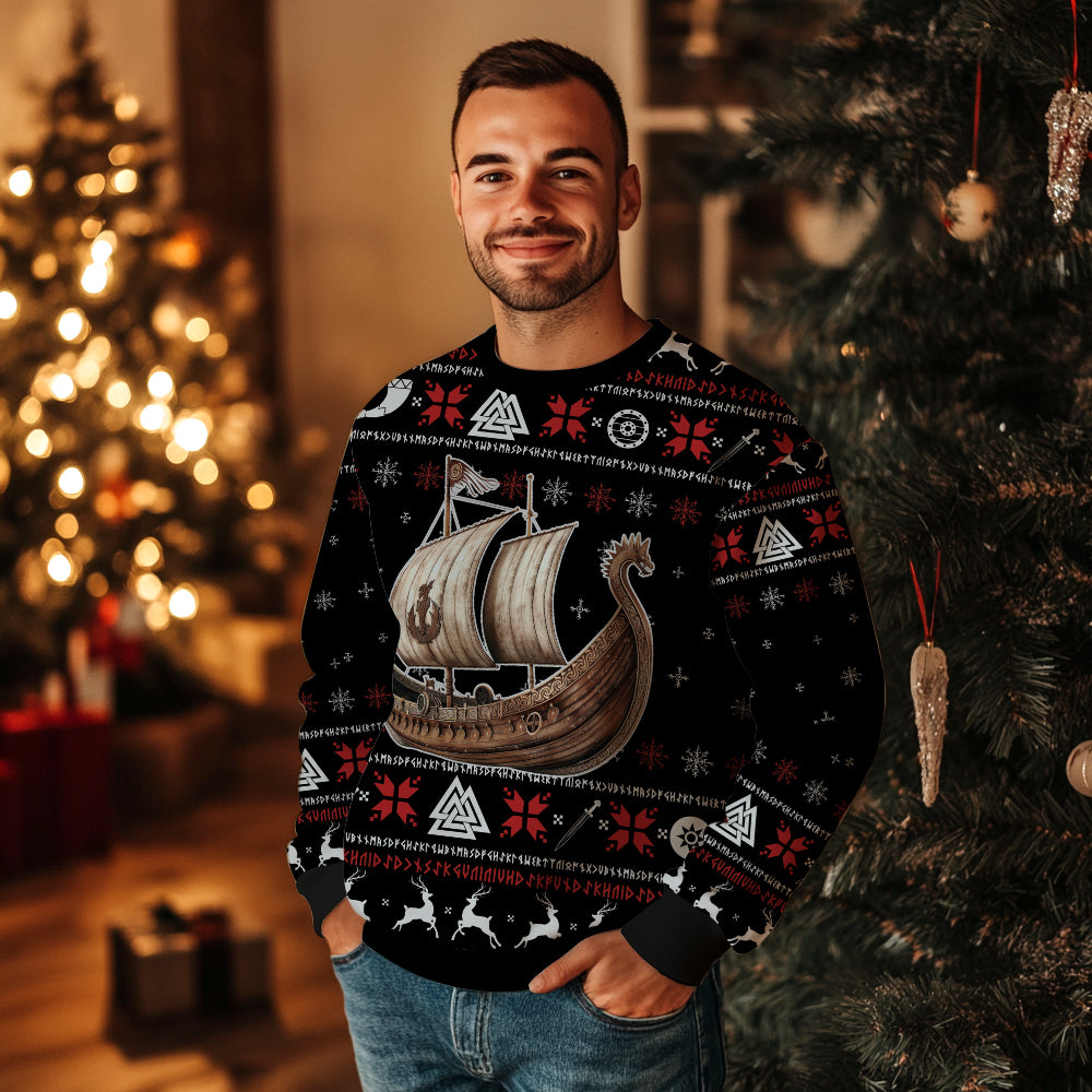 Festive Viking Longship Norse Mythology Ugly Christmas Sweater