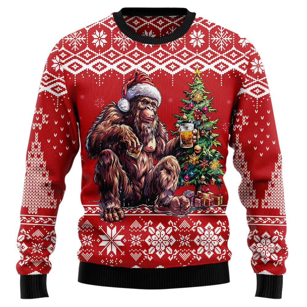 Bigfoot Enjoying Christmas Beer Ugly Christmas Sweater