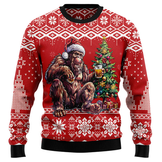 Bigfoot Enjoying Christmas Beer Ugly Christmas Sweater
