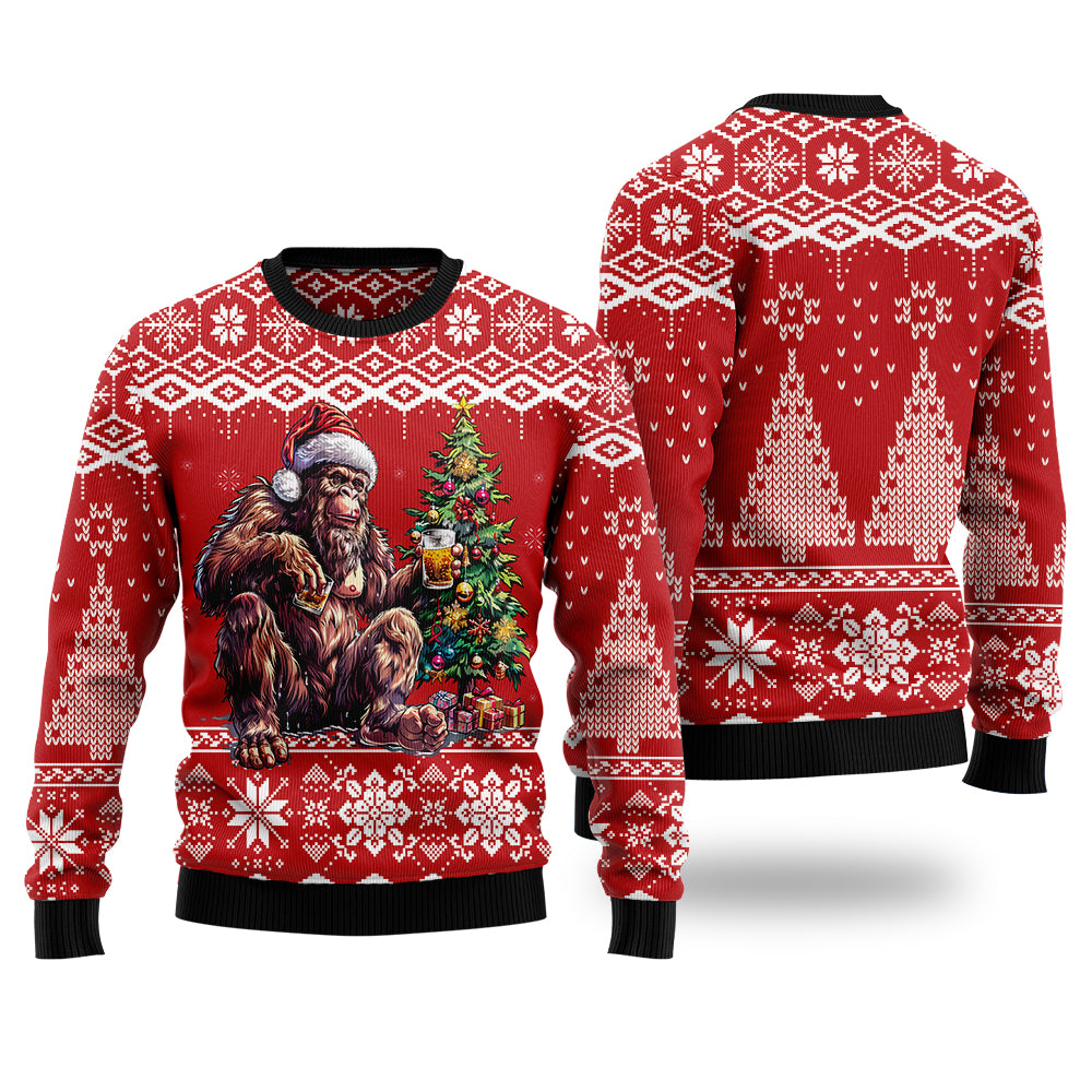Bigfoot Enjoying Christmas Beer Ugly Christmas Sweater