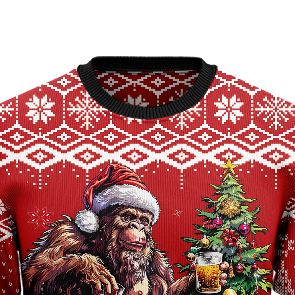 Bigfoot Enjoying Christmas Beer Ugly Christmas Sweater