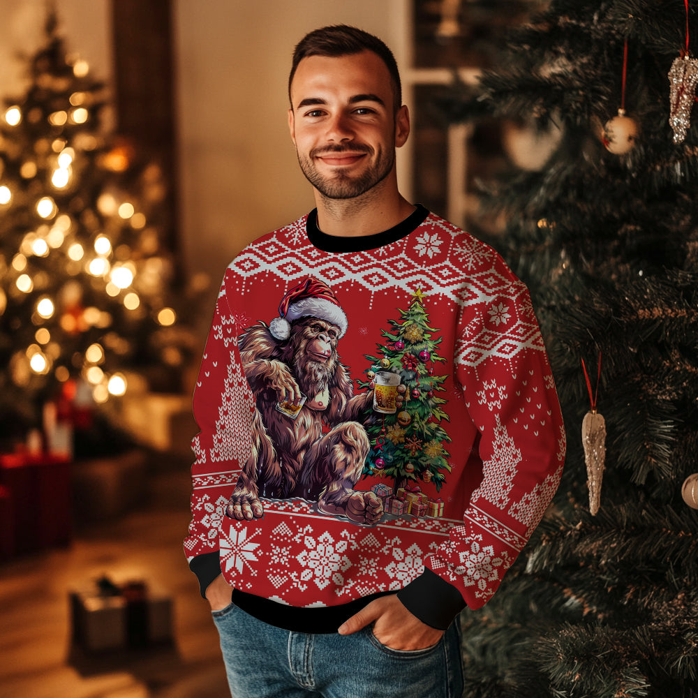 Bigfoot Enjoying Christmas Beer Ugly Christmas Sweater
