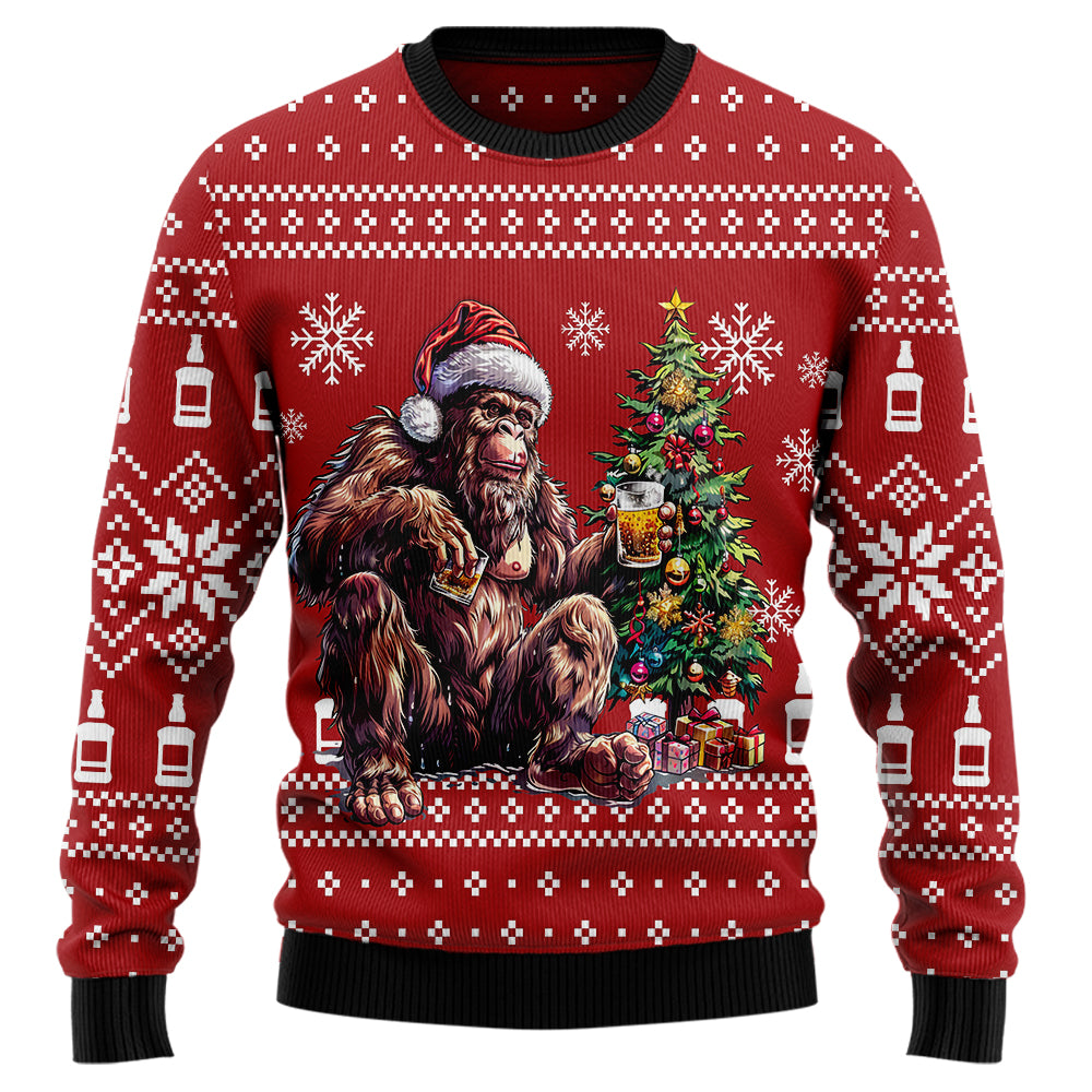 Festive Bigfoot Drinking Whiskey Ugly Christmas Sweater