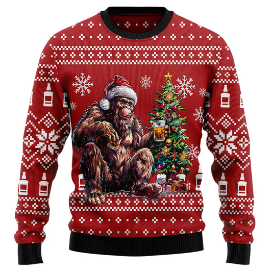 Festive Bigfoot Drinking Whiskey Ugly Christmas Sweater