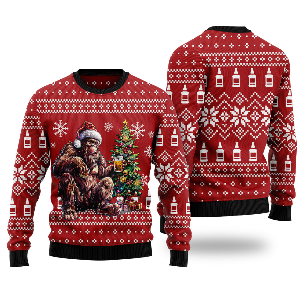 Festive Bigfoot Drinking Whiskey Ugly Christmas Sweater