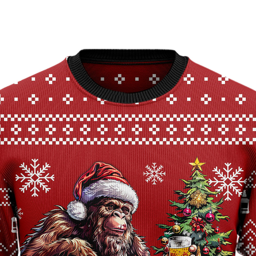 Festive Bigfoot Drinking Whiskey Ugly Christmas Sweater