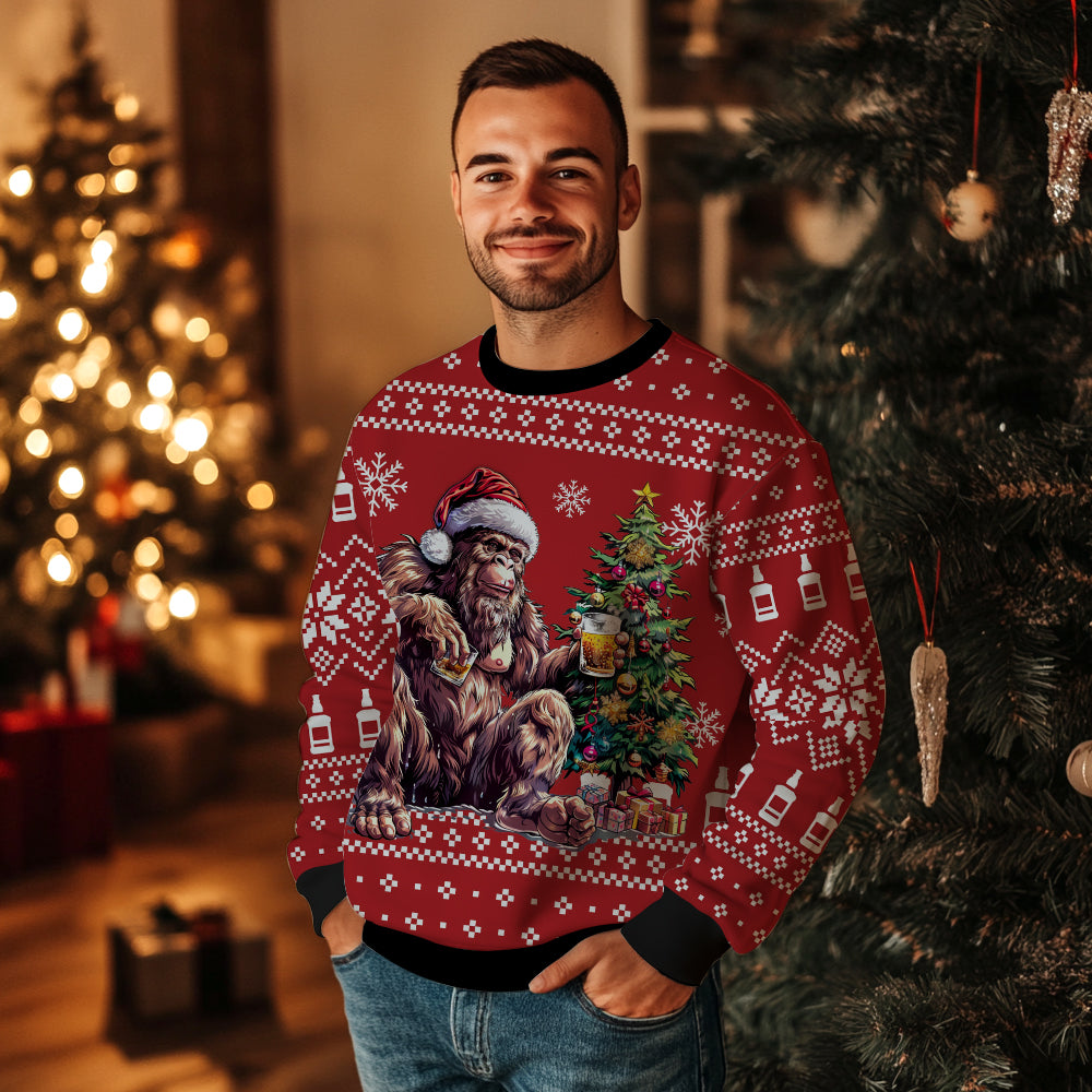 Festive Bigfoot Drinking Whiskey Ugly Christmas Sweater
