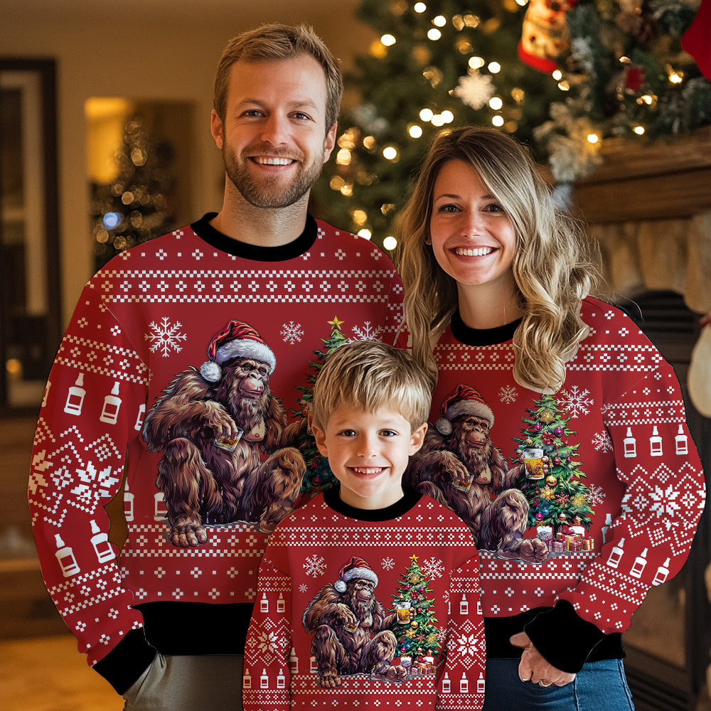 Festive Bigfoot Drinking Whiskey Ugly Christmas Sweater
