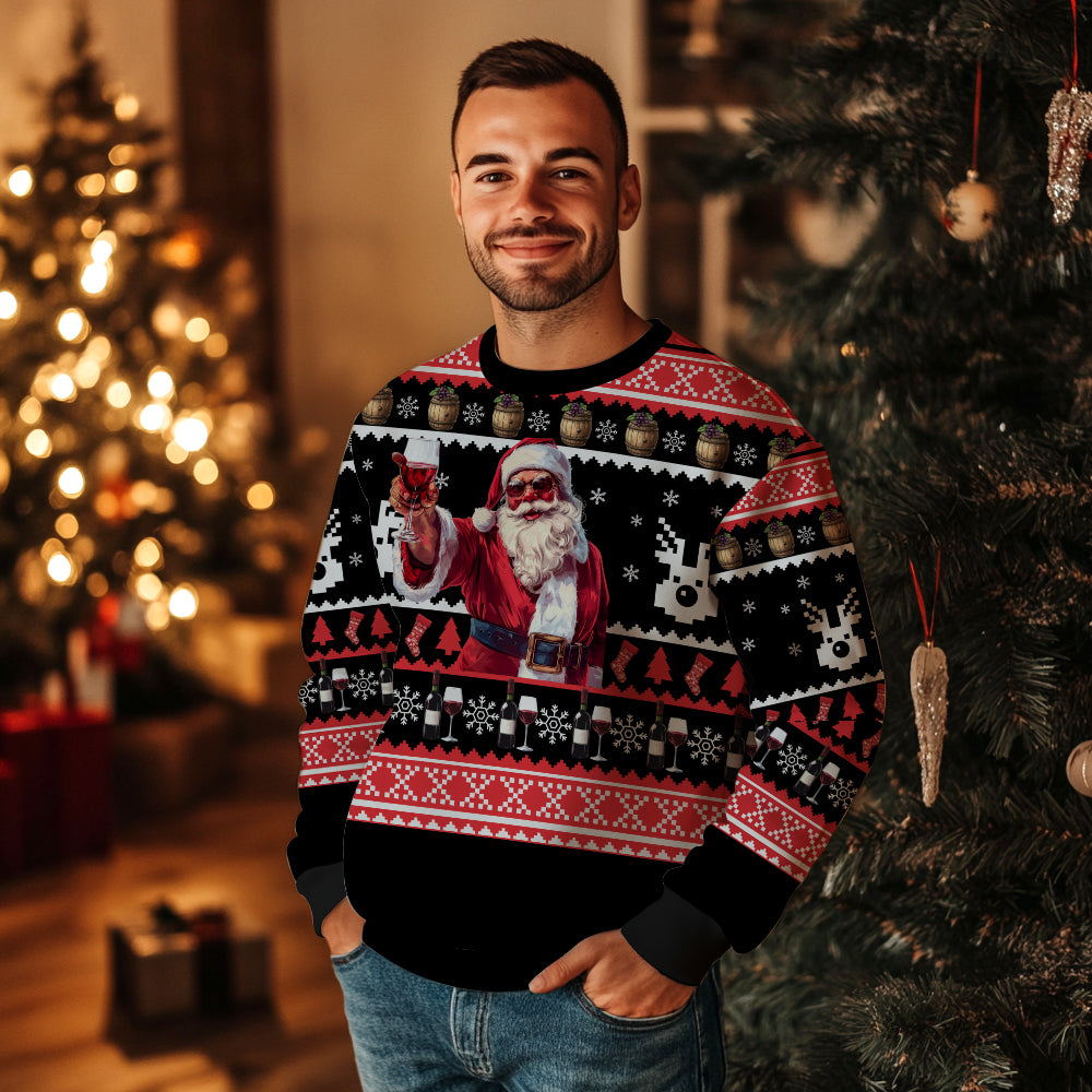 Santa Drinking Wine Ugly Christmas Sweater