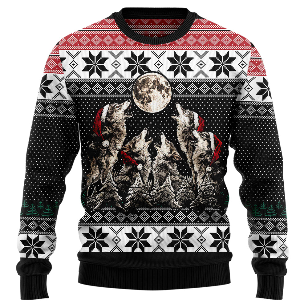 Festive Howling Wolves Full Moon Ugly Christmas Sweater