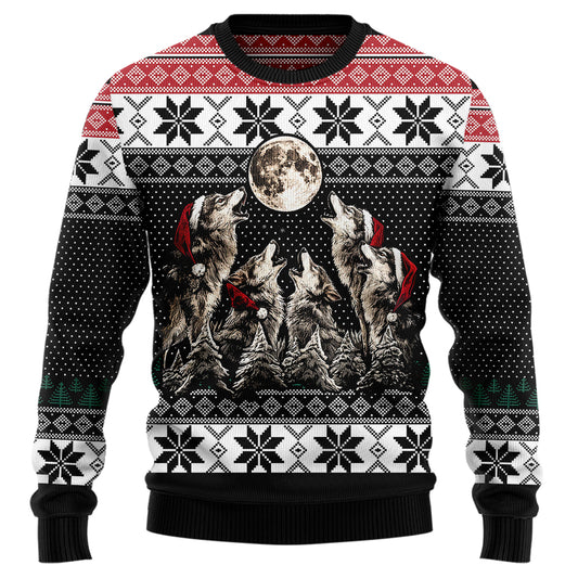 Festive Howling Wolves Full Moon Ugly Christmas Sweater