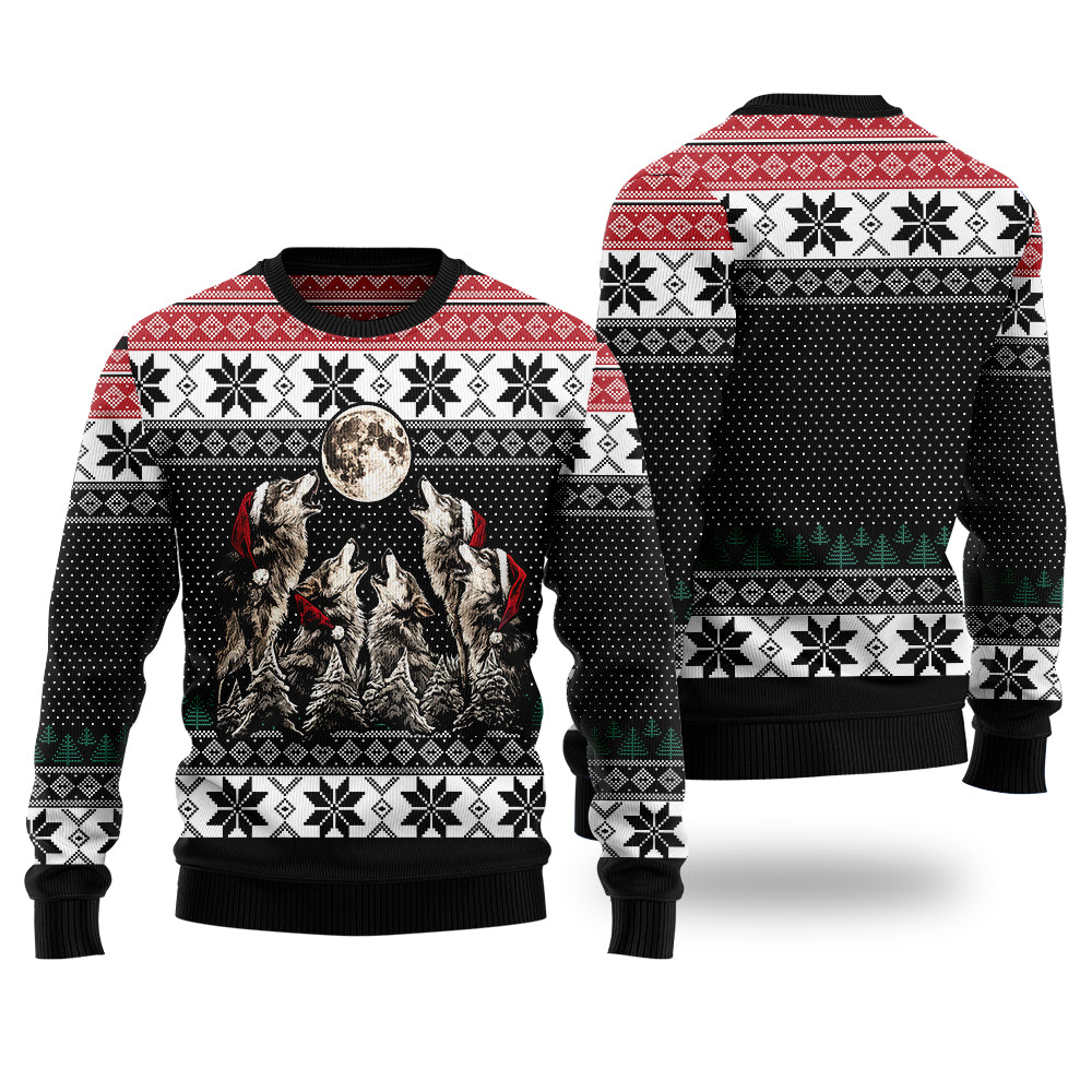 Festive Howling Wolves Full Moon Ugly Christmas Sweater