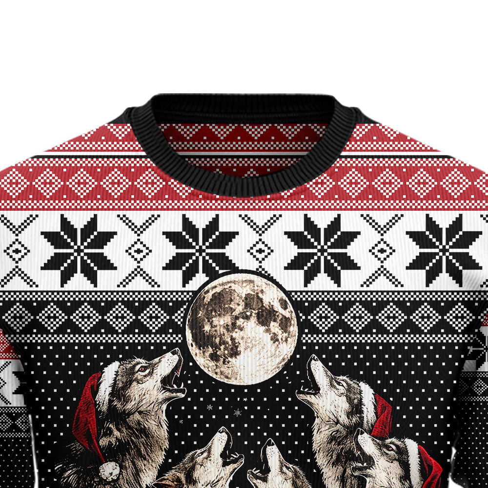 Festive Howling Wolves Full Moon Ugly Christmas Sweater