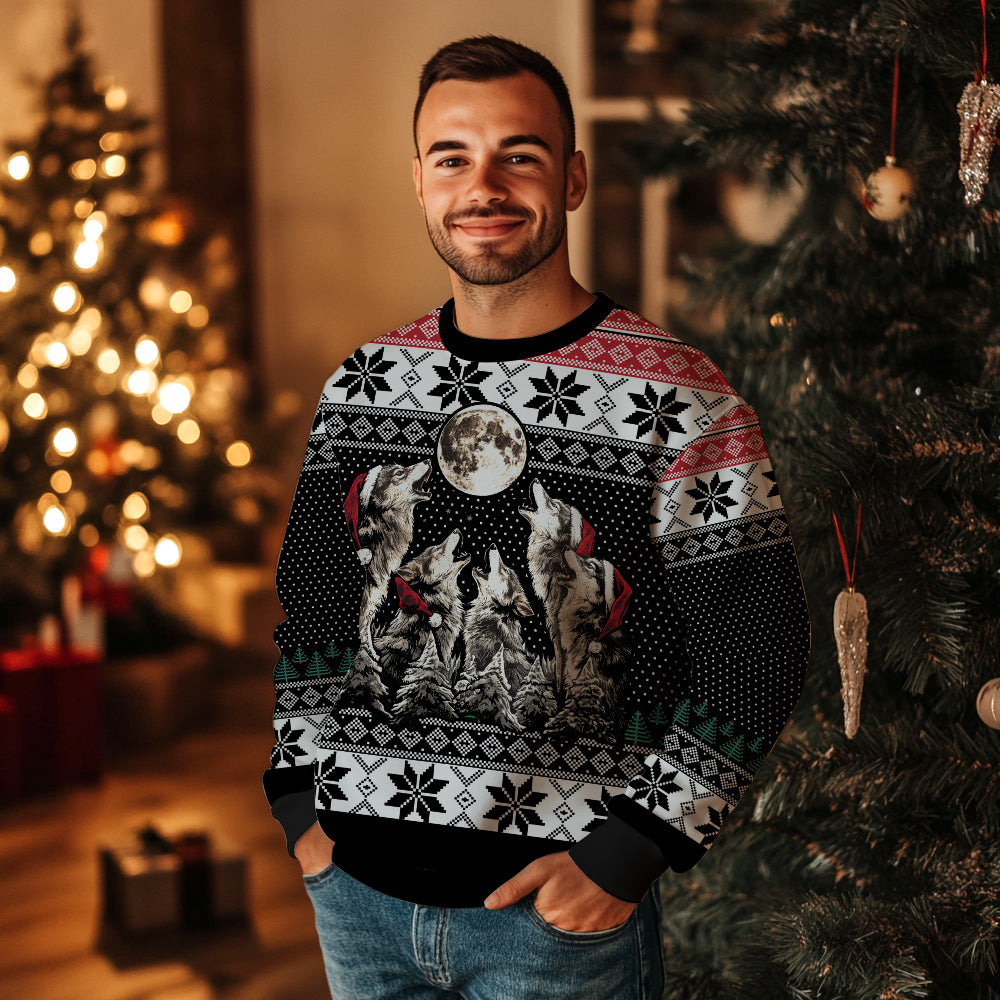 Festive Howling Wolves Full Moon Ugly Christmas Sweater