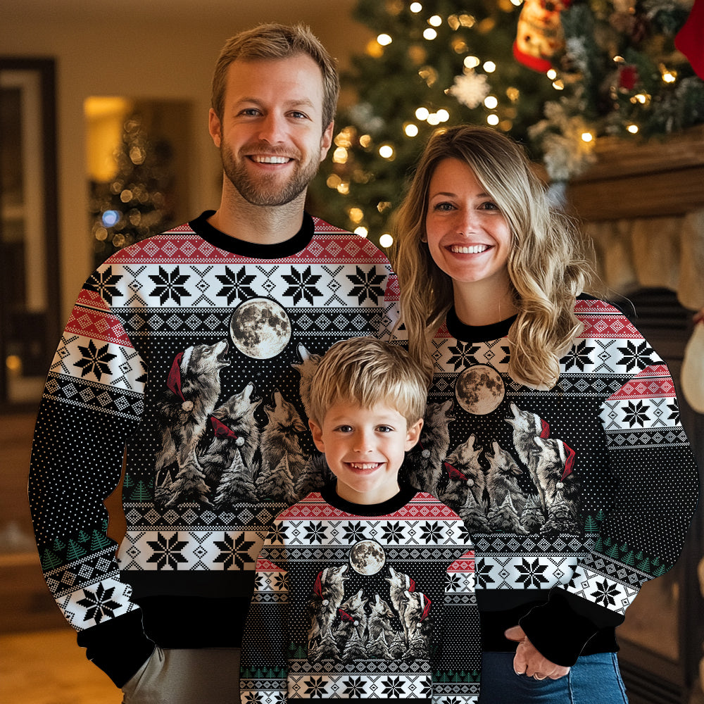 Festive Howling Wolves Full Moon Ugly Christmas Sweater