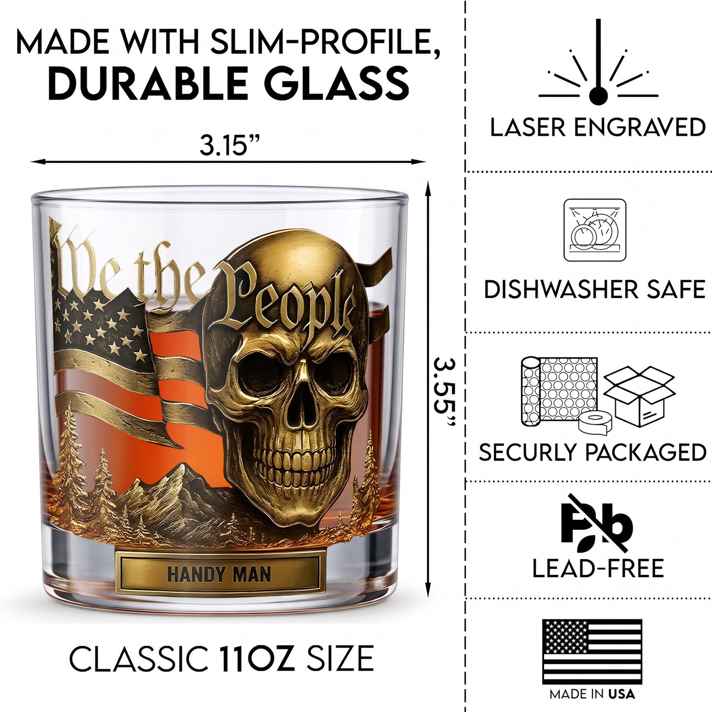 Personalized We The People Skull Whiskey Glass - Patriotic Gift