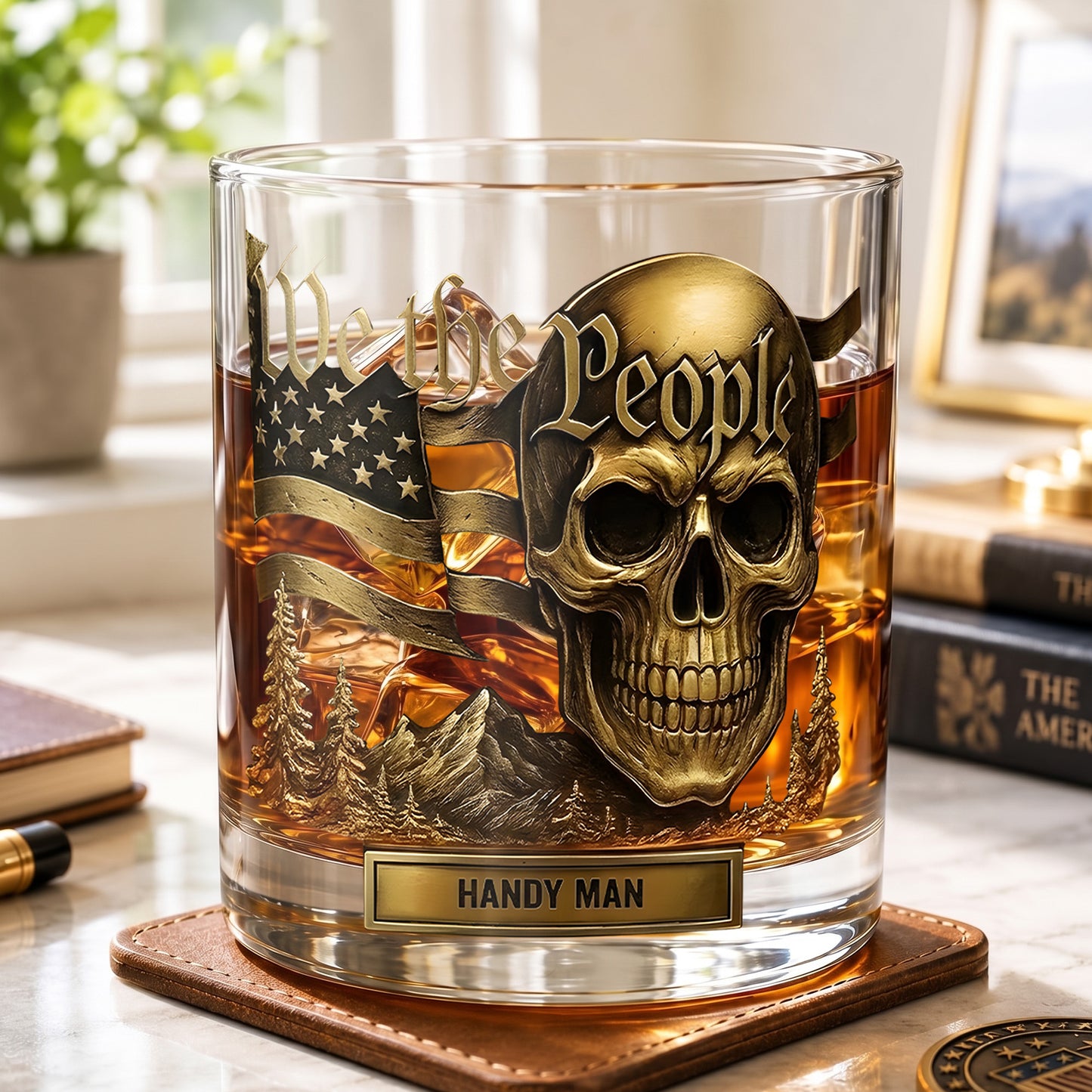 Personalized We The People Skull Whiskey Glass - Patriotic Gift