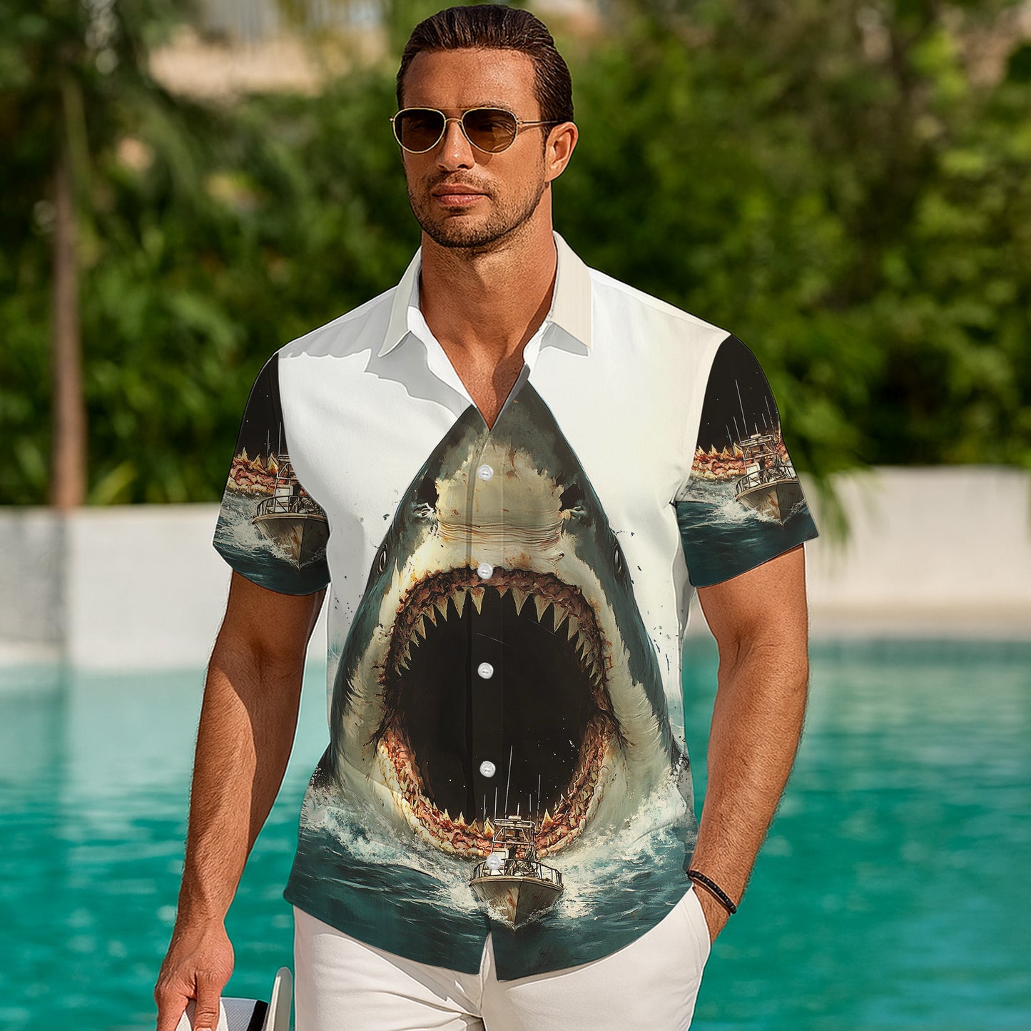 Giant Great White Shark Attack Ocean Hawaiian Shirt for Men & Women Aloha