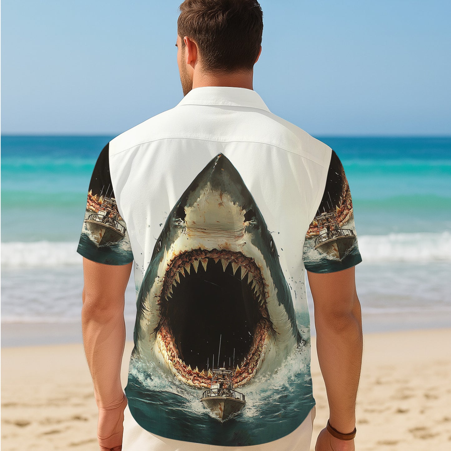 Giant Great White Shark Attack Ocean Hawaiian Shirt for Men & Women Aloha