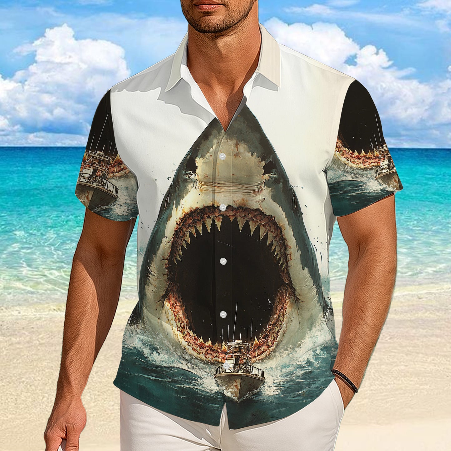 Giant Great White Shark Attack Ocean Hawaiian Shirt for Men & Women Aloha