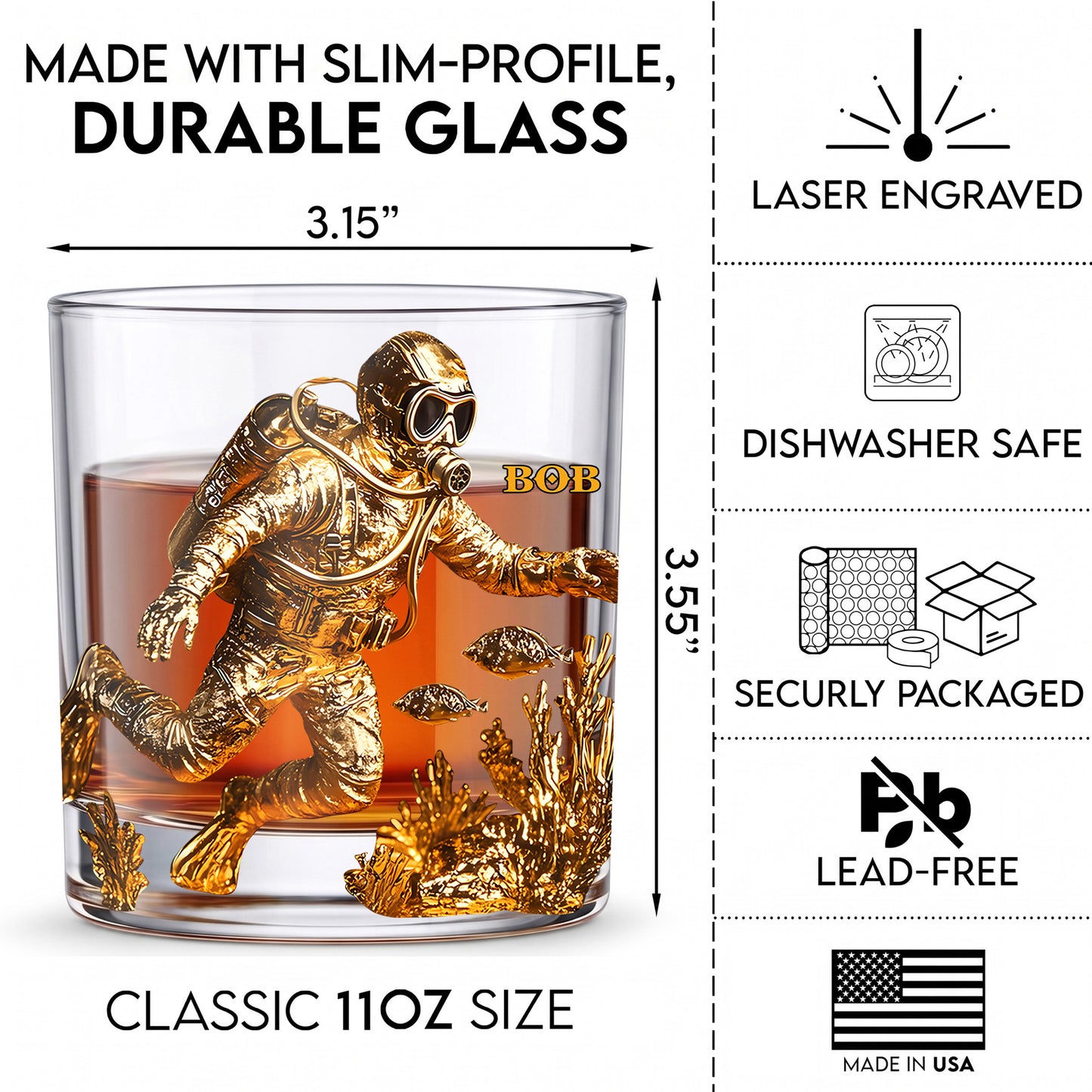 Personalized Scuba Diver Whiskey Glass - Custom Ocean Explorer Gift