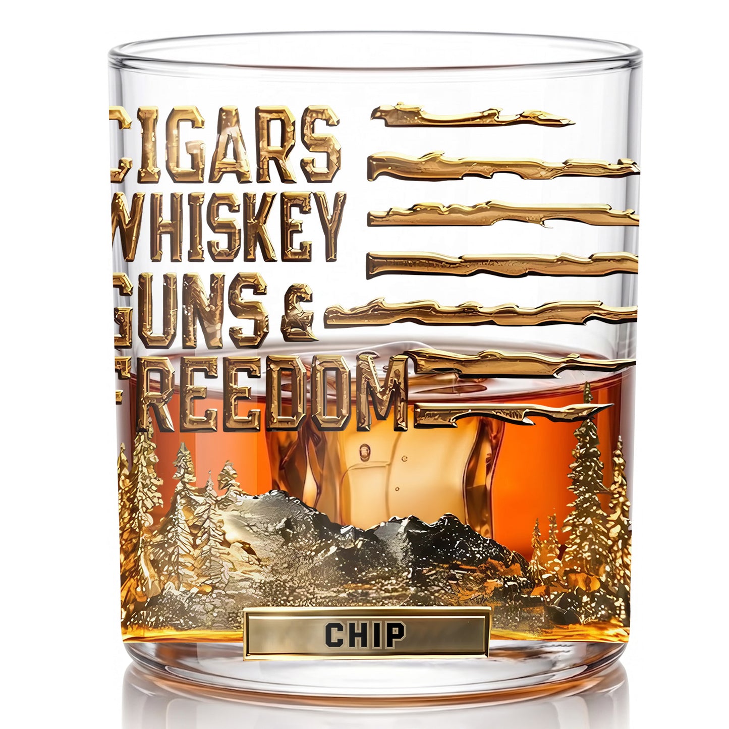 Personalized Cigars Whiskey Guns & Freedom Whiskey Glass - Patriotic Gift