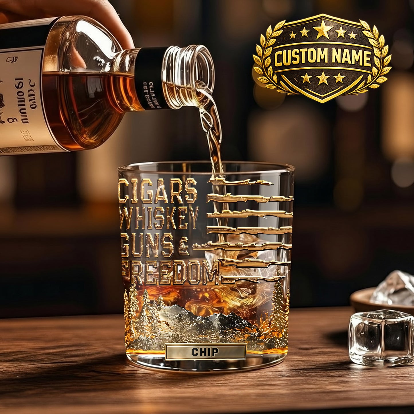 Personalized Cigars Whiskey Guns & Freedom Whiskey Glass - Patriotic Gift
