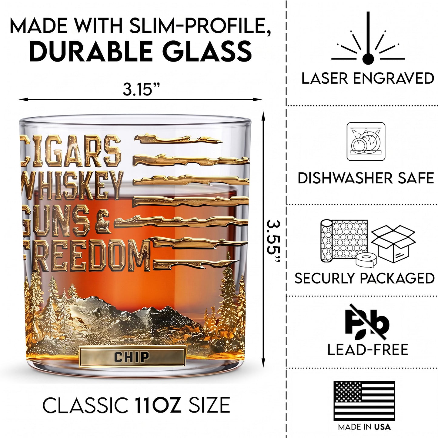Personalized Cigars Whiskey Guns & Freedom Whiskey Glass - Patriotic Gift