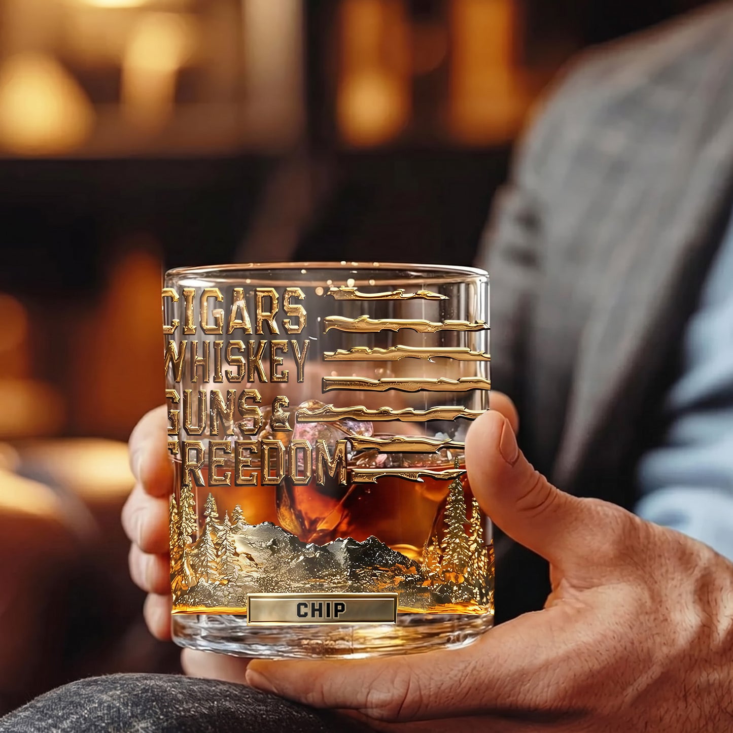 Personalized Cigars Whiskey Guns & Freedom Whiskey Glass - Patriotic Gift