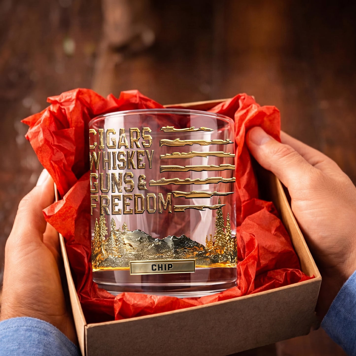 Personalized Cigars Whiskey Guns & Freedom Whiskey Glass - Patriotic Gift