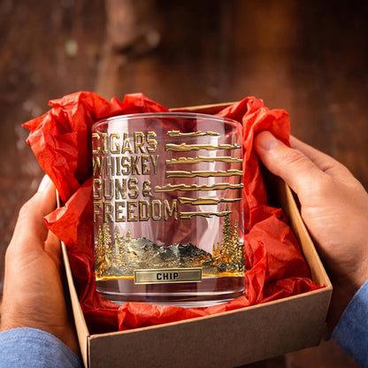 Personalized Cigars Whiskey Guns & Freedom Whiskey Glass - Patriotic Gift