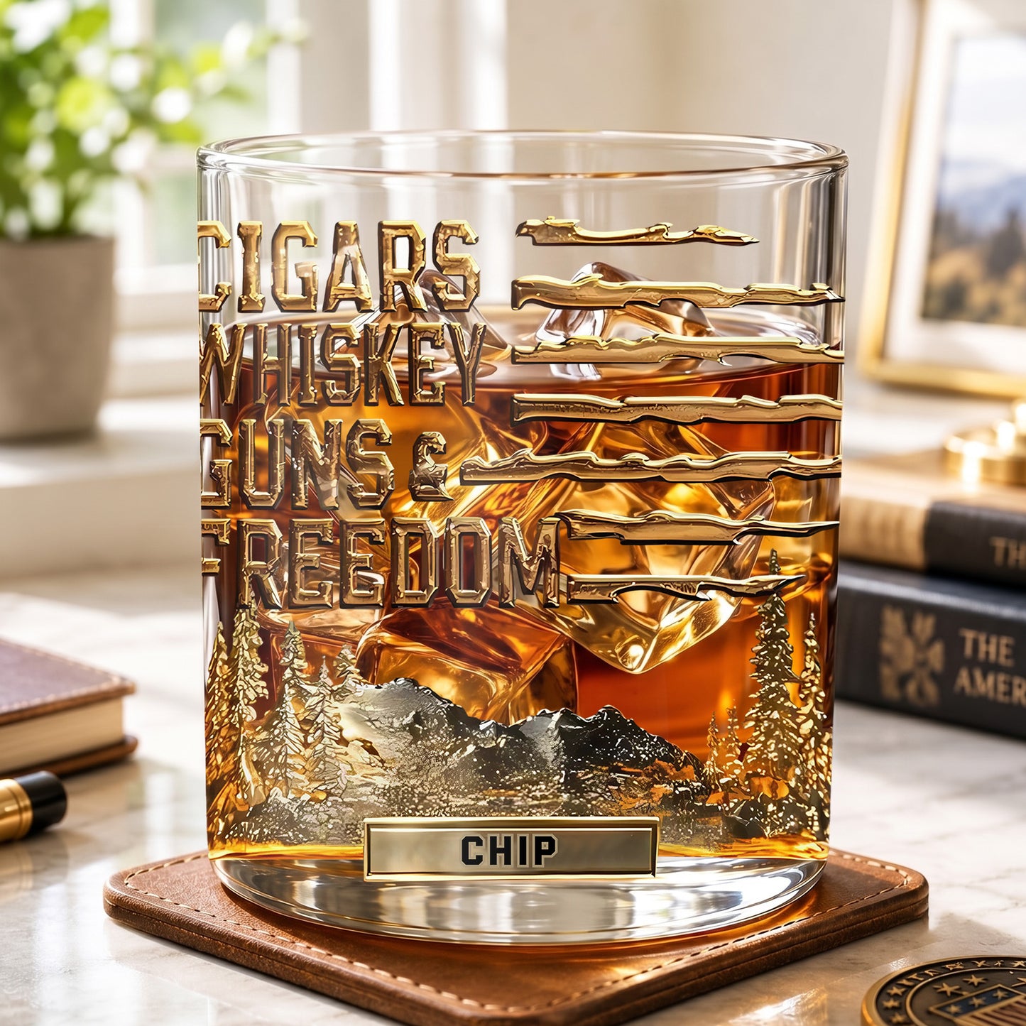 Personalized Cigars Whiskey Guns & Freedom Whiskey Glass - Patriotic Gift