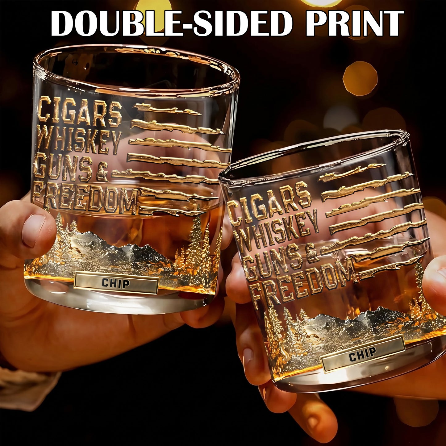 Personalized Cigars Whiskey Guns & Freedom Whiskey Glass - Patriotic Gift
