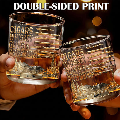 Personalized Cigars Whiskey Guns & Freedom Whiskey Glass - Patriotic Gift