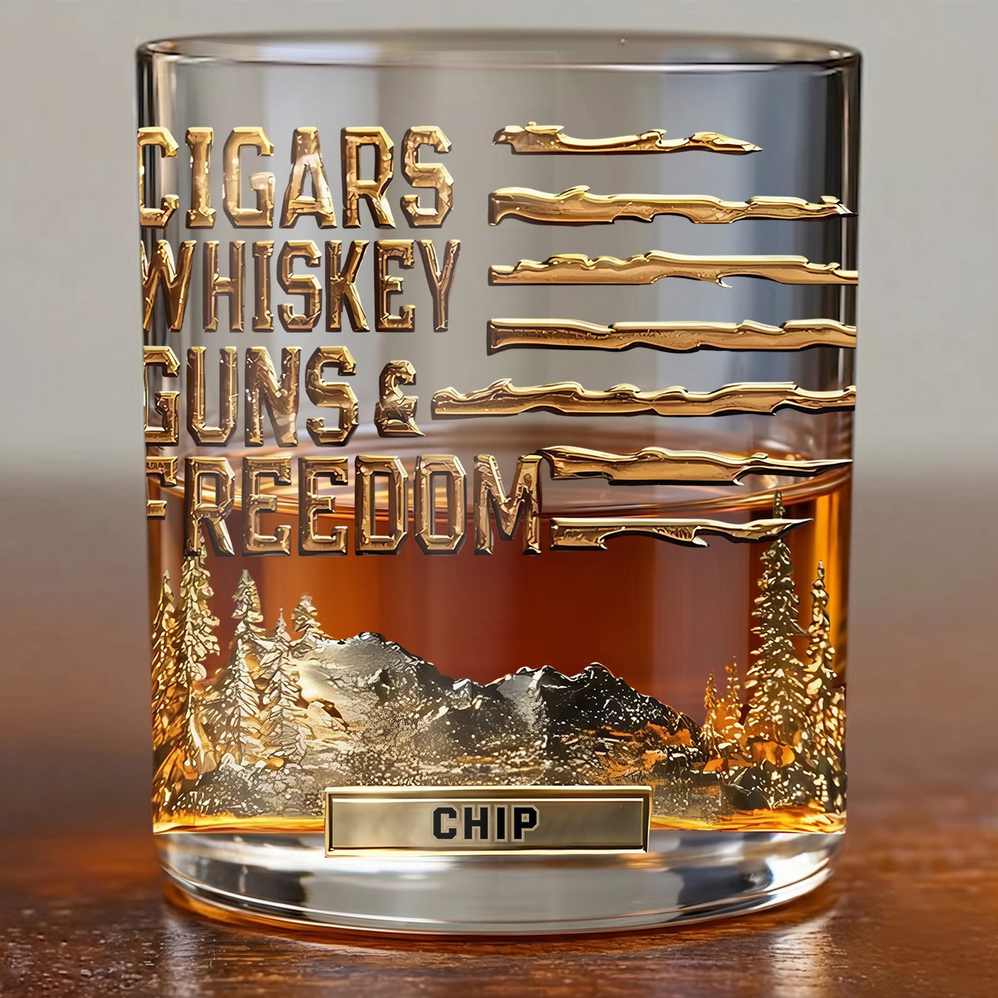 Personalized Cigars Whiskey Guns & Freedom Whiskey Glass - Patriotic Gift
