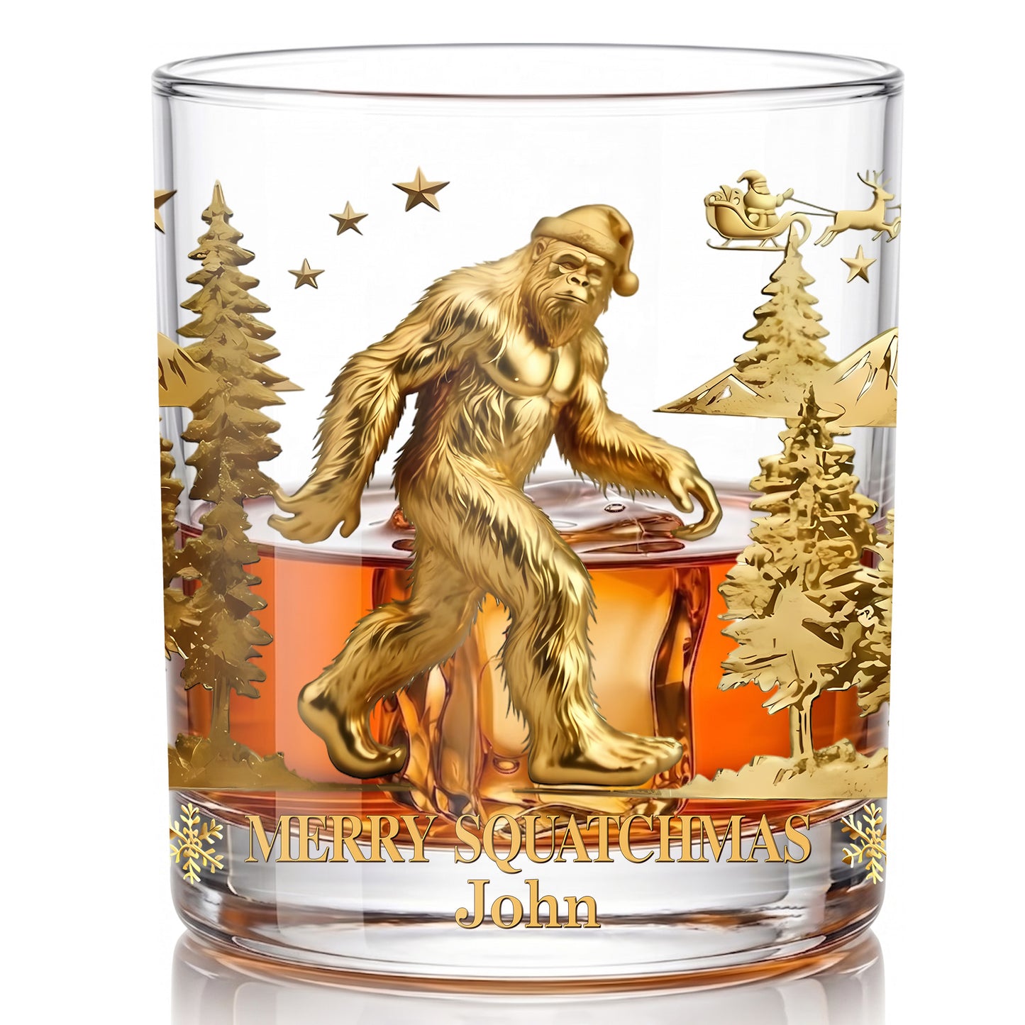 Personalized Christmas Bigfoot Whiskey Glass - Custom Squatchmas Gift