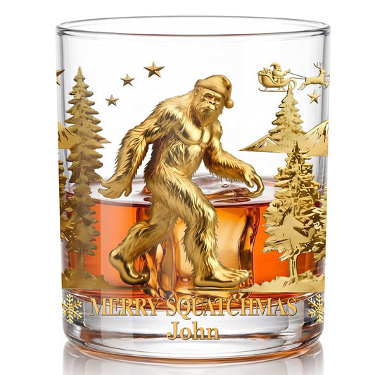 Personalized Christmas Bigfoot Whiskey Glass - Custom Squatchmas Gift