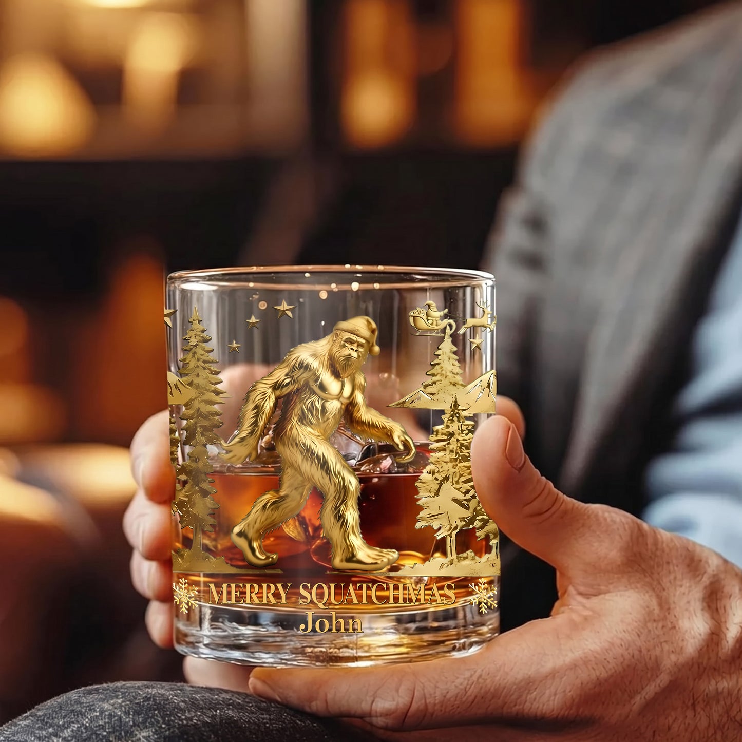 Personalized Christmas Bigfoot Whiskey Glass - Custom Squatchmas Gift