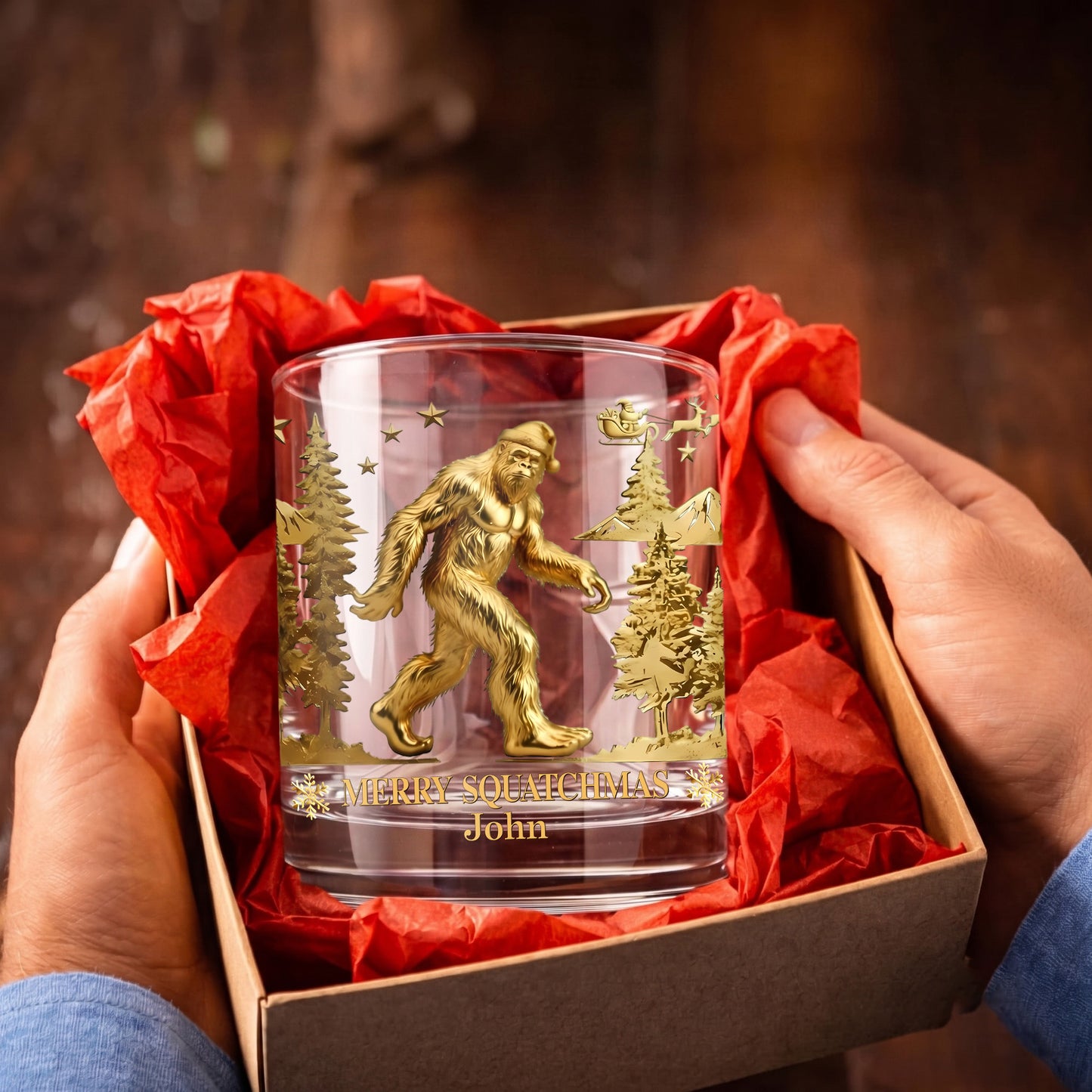 Personalized Christmas Bigfoot Whiskey Glass - Custom Squatchmas Gift