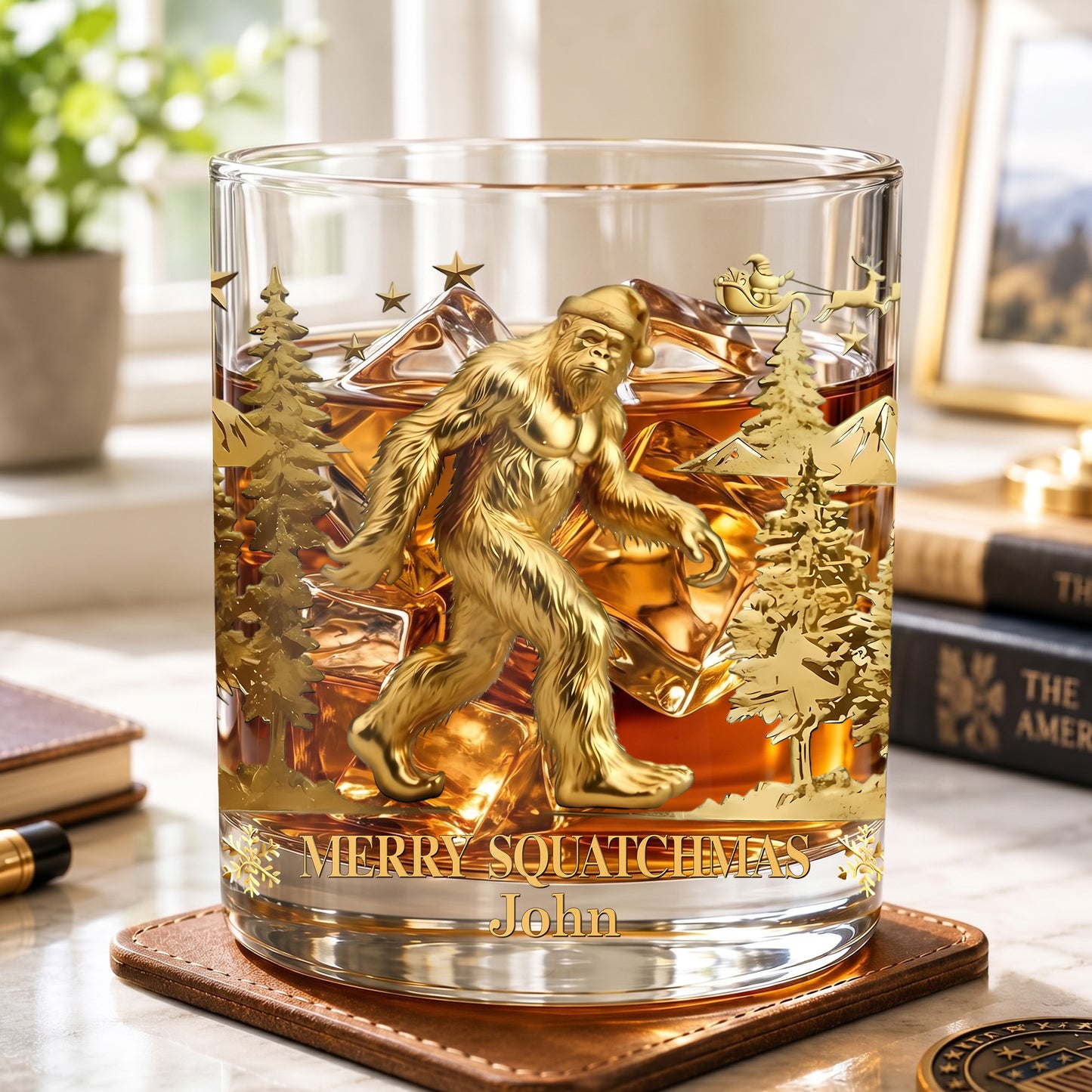 Personalized Christmas Bigfoot Whiskey Glass - Custom Squatchmas Gift