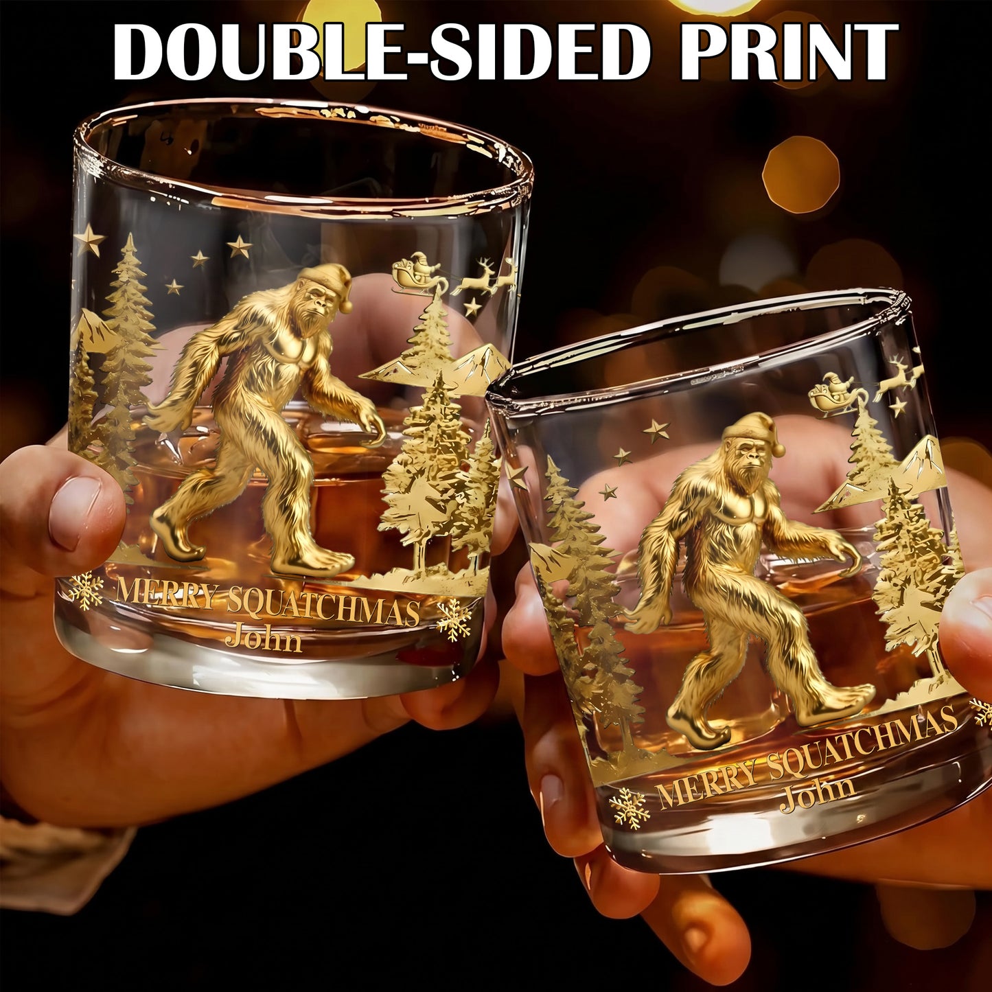 Personalized Christmas Bigfoot Whiskey Glass - Custom Squatchmas Gift
